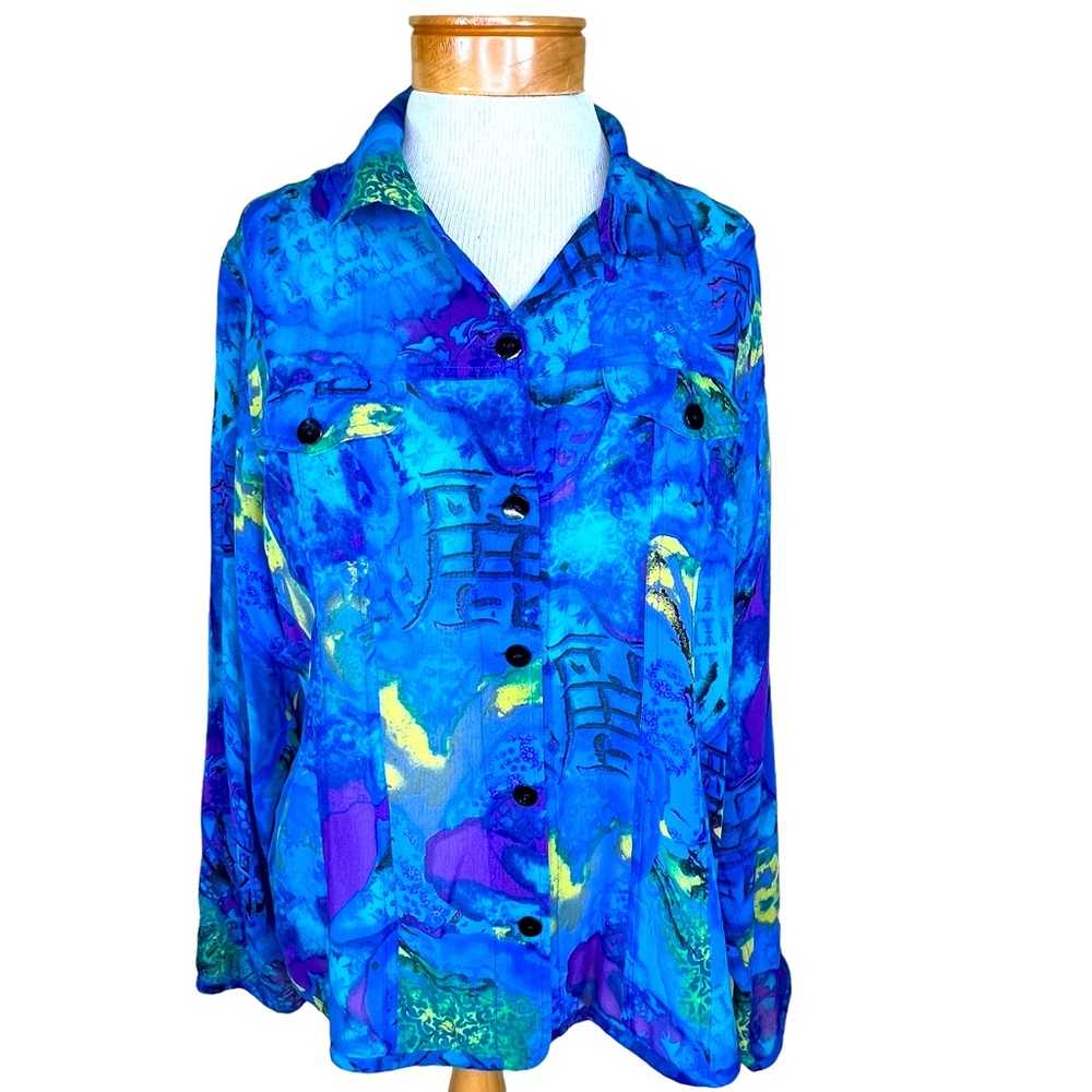 Chico’s Women’s Multi Color Button Front Semi-Sheer Silk Blouse Size 2=XL/16 EUC